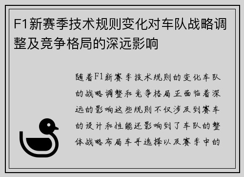 F1新赛季技术规则变化对车队战略调整及竞争格局的深远影响
